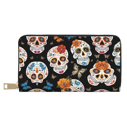 KDUBNJDS Ledergeldbörse, Kreditkartenetui für Damen und Herren, mit 12 Kartenfächern, 3 Fächern für Bargeld und integrierten Münzfächern mit Reißverschluss (Sonnenblumen), Sugar Skulls, Einheitsgröße von KDUBNJDS