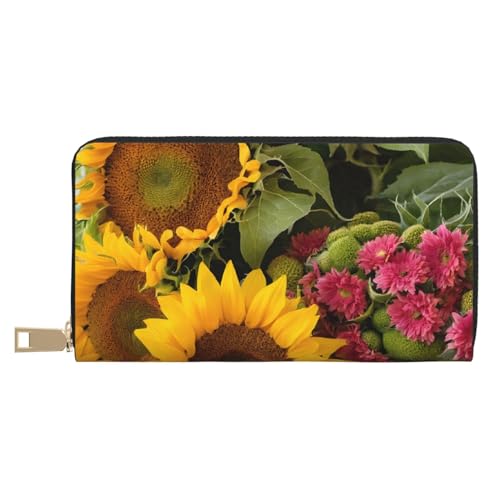 KDUBNJDS Ledergeldbörse, Kreditkartenetui für Damen und Herren, mit 12 Kartenfächern, 3 Fächern für Bargeld und integrierten Münzfächern mit Reißverschluss (Zebramuster), Gelbe Sonnenblumen, von KDUBNJDS