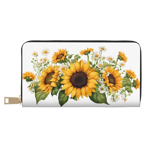KDUBNJDS Ledergeldbörse, Kreditkartenetui für Damen und Herren, mit 12 Kartenfächern, 3 Fächern für Bargeld und integrierten Münzfächern mit Reißverschluss (Zebramuster), Gelbe Sonnenblumen und weiße von KDUBNJDS