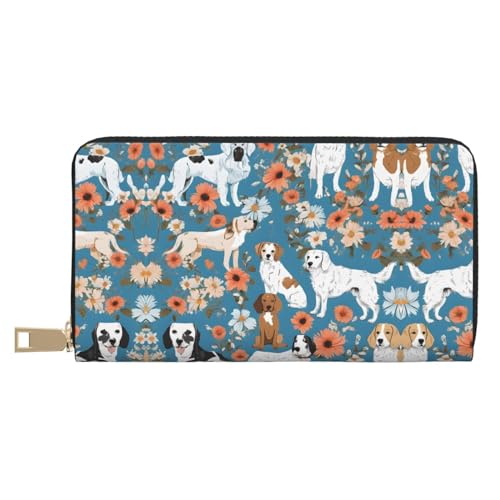 KDUBNJDS Ledergeldbörse, Kreditkartenetui für Damen und Herren, mit 12 Kartenfächern, 3 Fächern für Bargeld und integrierten Münzfächern mit Reißverschluss (Zebramuster), Süßer Basset Hound Blumen., von KDUBNJDS