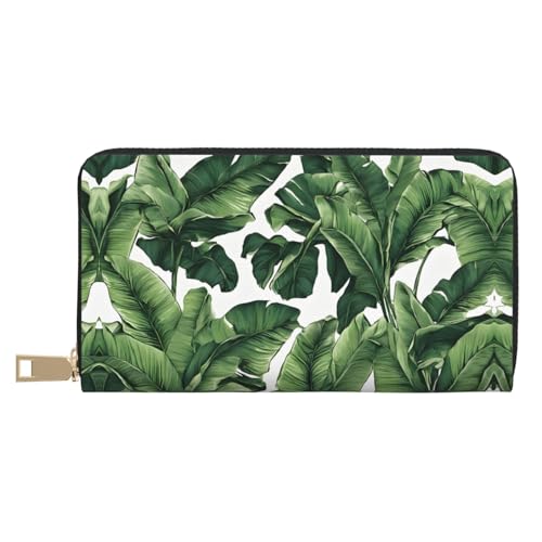 KDUBNJDS Ledergeldbörse, Kreditkartenetui für Damen und Herren, mit 12 Kartenfächern, 3 Fächern für Bargeld und integrierten Münzfächern mit Reißverschluss (Zebramuster), Tropisches Bananenpalmblatt, von KDUBNJDS