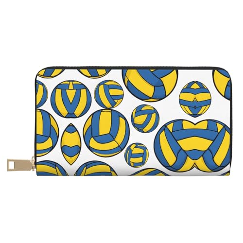 KDUBNJDS Ledergeldbörse, Kreditkartenetui für Damen und Herren, mit 12 Kartenfächern, 3 Fächern für Bargeld und integrierten Münzfächern mit Reißverschluss (Zebramuster), Volleyball in Gelb und Blau, von KDUBNJDS