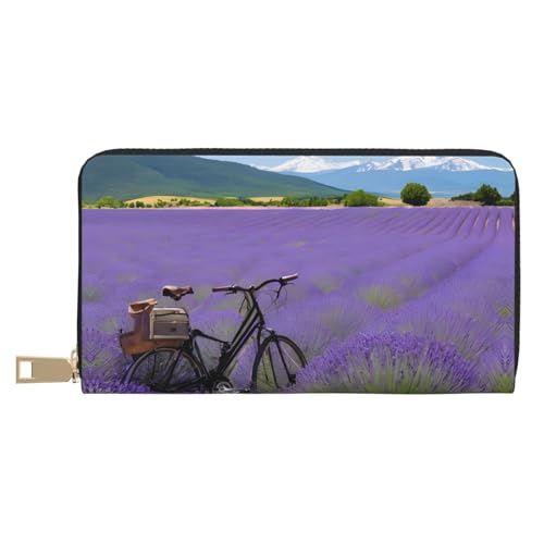 KDUBNJDS Ledergeldbörse Kreditkartenetui für Damen und Herren mit 12 Kartenfächern, 3 Fächern für Bargeld und integrierten Münzfächern mit Reißverschluss, Zitronenfrucht, Lavender Field Retro Bike von KDUBNJDS