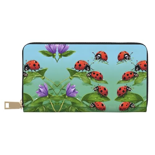 KDUBNJDS Ledergeldbörse Kreditkartenetui für Damen und Herren mit 12 Kartenfächern, 3 Fächern für Bargeld und integrierten Münzfächern mit Reißverschluss, Zitronenfrucht, Marienkäfer und grüne von KDUBNJDS