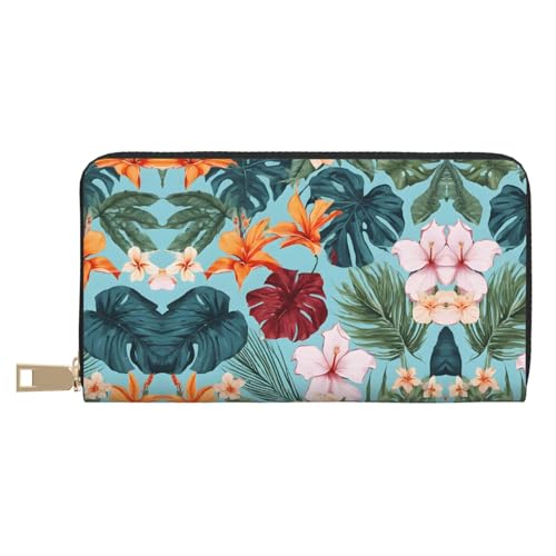KDUBNJDS Ledergeldbörse Kreditkartenetui für Damen und Herren mit 12 Kartenfächern, 3 Fächern für Bargeld und integrierten Münzfächern mit Reißverschluss (Pferde Laufkunst), Hojas Tropicales Y Flores, von KDUBNJDS