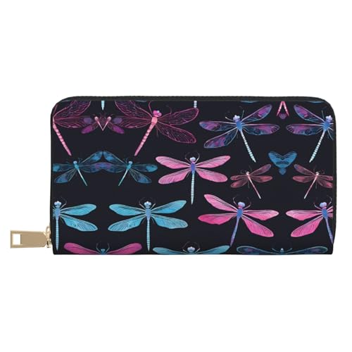 KDUBNJDS Ledergeldbörse Kreditkartenetui für Damen und Herren mit 12 Kartenfächern, 3 Fächern für Bargeld und integrierten Münzfächern mit Reißverschluss (Rot und Schwarz Rose), Lila Libelle, von KDUBNJDS