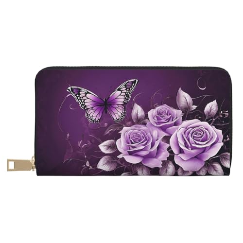 KDUBNJDS Ledergeldbörse Kreditkartenetui für Damen und Herren mit 12 Kartenfächern, 3 Fächern für Bargeld und integrierten Münzfächern mit Reißverschluss (Rot und Schwarz Rose), Purple Beauty von KDUBNJDS