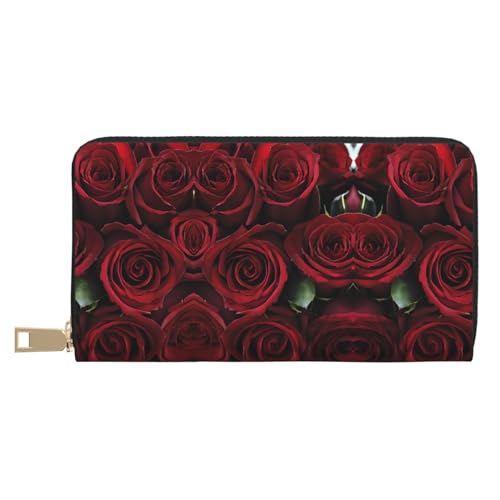 KDUBNJDS Ledergeldbörse Kreditkartenetui für Damen und Herren mit 12 Kartenfächern, 3 Fächern für Bargeld und integrierten Münzfächern mit Reißverschluss (Rot und Schwarz Rose), Rote und schwarze von KDUBNJDS