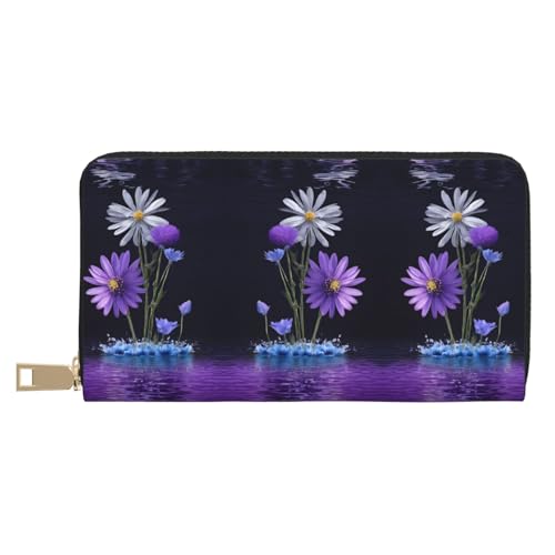 KDUBNJDS Ledergeldbörse Kreditkartenetui für Damen und Herren mit 12 Kartenfächern, 3 Fächern für Bargeld und integrierten Münzfächern mit Reißverschluss (Rot und Schwarz Rose), Violette Blume, von KDUBNJDS