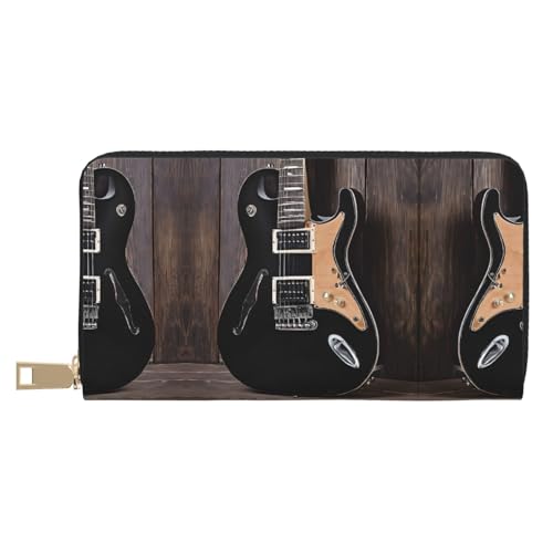 KDUBNJDS Ledergeldbörse Kreditkartenetui für Damen und Herren mit 12 Kartenfächern, 3 Fächern für Bargeld und integrierten Münzfächern mit Reißverschluss (altes Wikingerboot), Musikgitarre, von KDUBNJDS