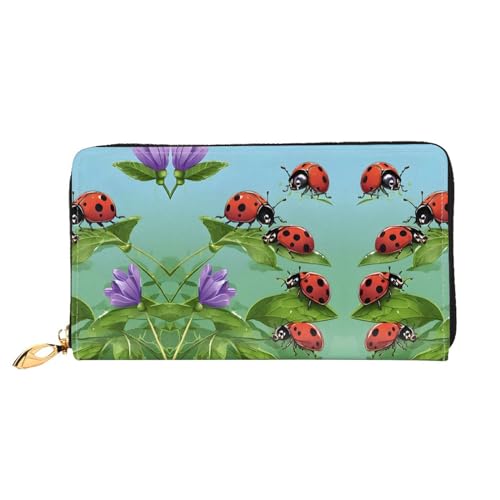 KDUBNJDS Ledergeldbörse Kreditkartenetui für Damen und Mädchen mit 12 Kartenfächern, 3 Fächern für Bargeld und integrierten Münzfächern mit Reißverschluss (Blätter und Marienkäfer), Marienkäfer und von KDUBNJDS