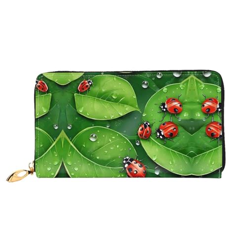 KDUBNJDS Ledergeldbörse Kreditkartenetui für Damen und Mädchen mit 12 Kartenfächern, 3 Fächern für Bargeld und integrierten Münzfächern mit Reißverschluss (Blätter und Marienkäfer), Blätter und von KDUBNJDS