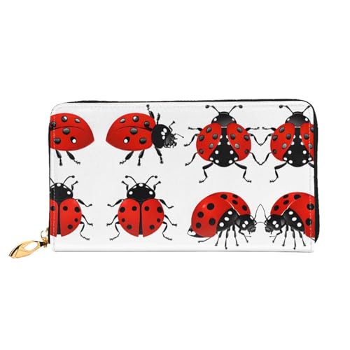 KDUBNJDS Ledergeldbörse Kreditkartenetui für Damen und Mädchen mit 12 Kartenfächern, 3 Fächern für Bargeld und integrierten Münzfächern mit Reißverschluss (Blätter und Marienkäfer), von KDUBNJDS
