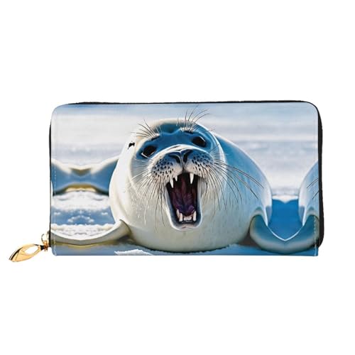 KDUBNJDS Ledergeldbörse Kreditkartenetui für Damen und Mädchen mit 12 Kartenfächern, 3 Fächern für Bargeld und integrierten Münzfächern mit Reißverschluss (Pferde), Harp Seal Malertapete, von KDUBNJDS