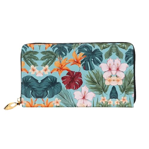 KDUBNJDS Ledergeldbörse Kreditkartenetui für Damen und Mädchen mit 12 Kartenfächern, 3 Fächern für Bargeld und integrierten Münzfächern mit Reißverschluss (Pferde), Hojas Tropicales Y Flores, von KDUBNJDS