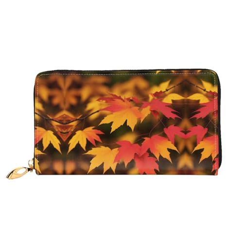 KDUBNJDS Ledergeldbörse Kreditkartenetui für Damen und Mädchen mit 12 Kartenfächern, 3 Fächern für Bargeld und integrierten Münzfächern mit Reißverschluss (Seashells Sand), Rote Ahornblätter, von KDUBNJDS