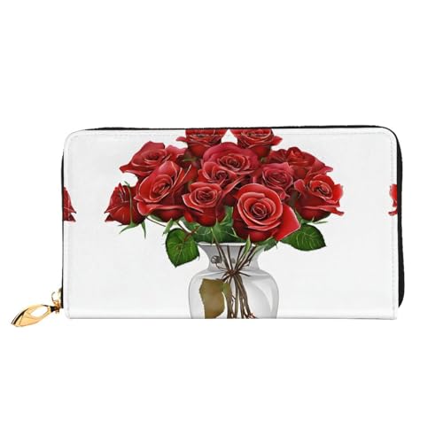 KDUBNJDS Ledergeldbörse Kreditkartenetui für Damen und Mädchen mit 12 Kartenfächern, 3 Fächern für Bargeld und integrierten Münzfächern mit Reißverschluss (Seashells Sand), Rote Rosen, Einheitsgröße von KDUBNJDS