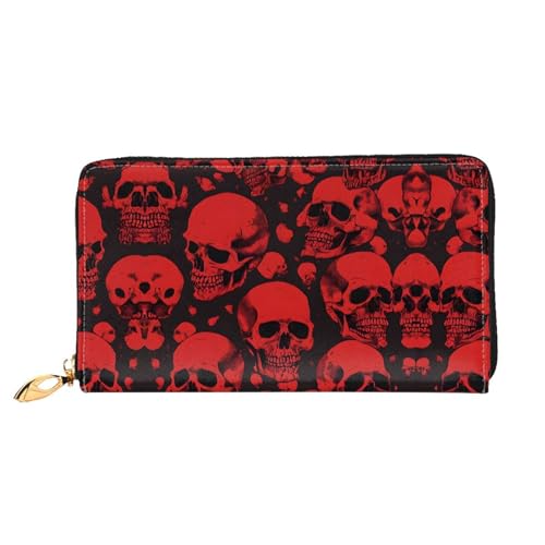 KDUBNJDS Ledergeldbörse Kreditkartenetui für Damen und Mädchen mit 12 Kartenfächern, 3 Fächern für Bargeld und integrierten Münzfächern mit Reißverschluss (Seashells Sand), Rote Totenköpfe, von KDUBNJDS