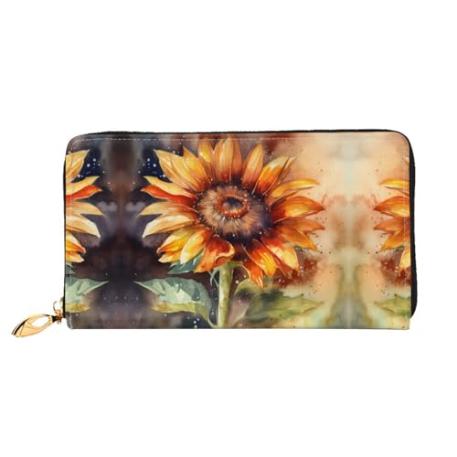 KDUBNJDS Ledergeldbörse Kreditkartenetui für Damen und Mädchen mit 12 Kartenfächern, 3 Fächern für Bargeld und integrierten Münzfächern mit Reißverschluss (Sonnenblumen-Holzbrett), Sonnenblumenmuster, von KDUBNJDS