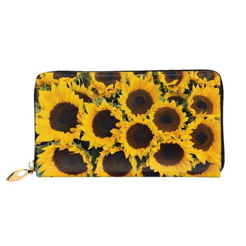 KDUBNJDS Ledergeldbörse Kreditkartenetui für Damen und Mädchen mit 12 Kartenfächern, 3 Fächern für Bargeld und integrierten Münzfächern mit Reißverschluss (Sonnenblumen-Holzbrett), Sonnenblumen, von KDUBNJDS