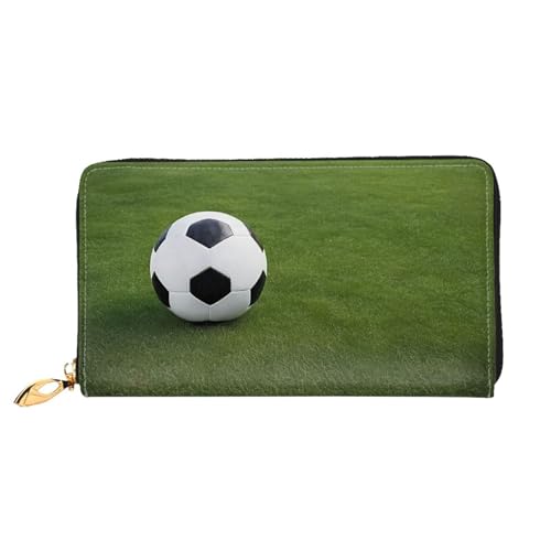 KDUBNJDS Ledergeldbörse Kreditkartenetui für Damen und Mädchen mit 12 Kartenfächern, 3 Fächern für Bargeld und integrierten Münzfächern mit Reißverschluss (Sonnenblumen-Holzbrett), Fußballball auf von KDUBNJDS