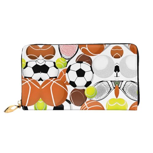 KDUBNJDS Ledergeldbörse Kreditkartenetui für Damen und Mädchen mit 12 Kartenfächern, 3 Fächern für Bargeld und integrierten Münzfächern mit Reißverschluss (Sonnenblumen-Holzbrett), Sportball, von KDUBNJDS
