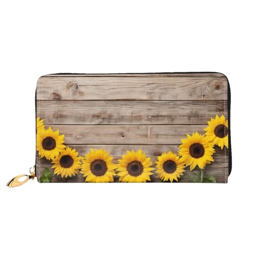 KDUBNJDS Ledergeldbörse Kreditkartenetui für Damen und Mädchen mit 12 Kartenfächern, 3 Fächern für Bargeld und integrierten Münzfächern mit Reißverschluss (Sonnenblumen-Holzbrett), Holzbrett mit von KDUBNJDS