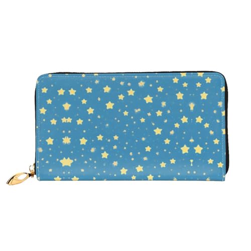 KDUBNJDS Ledergeldbörse Kreditkartenetui für Damen und Mädchen mit 12 Kartenfächern, 3 Fächern für Bargeld und integrierten Münzfächern mit Reißverschluss (Sonnenblumen-Holzbrett), Mit Sternmuster, von KDUBNJDS