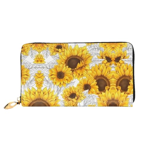 KDUBNJDS Ledergeldbörse Kreditkartenetui für Damen und Mädchen mit 12 Kartenfächern, 3 Fächern für Bargeld und integrierten Münzfächern mit Reißverschluss (Sonnenblumen-Holzbrett), Mit von KDUBNJDS