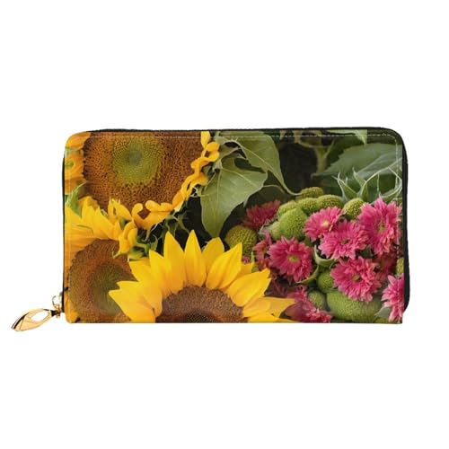 KDUBNJDS Ledergeldbörse Kreditkartenetui für Damen und Mädchen mit 12 Kartenfächern, 3 Fächern für Bargeld und integrierten Münzfächern mit Reißverschluss (Zebramuster), Gelbe Sonnenblumen, von KDUBNJDS