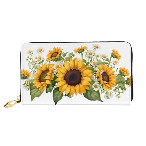 KDUBNJDS Ledergeldbörse Kreditkartenetui für Damen und Mädchen mit 12 Kartenfächern, 3 Fächern für Bargeld und integrierten Münzfächern mit Reißverschluss (Zebramuster), Gelbe Sonnenblumen und weiße von KDUBNJDS