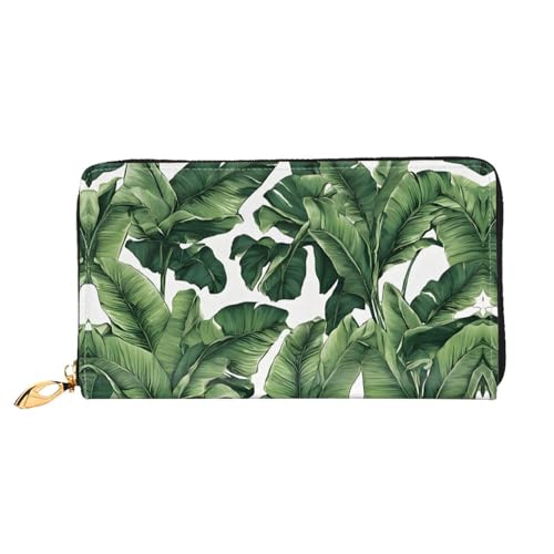 KDUBNJDS Ledergeldbörse Kreditkartenetui für Damen und Mädchen mit 12 Kartenfächern, 3 Fächern für Bargeld und integrierten Münzfächern mit Reißverschluss (Zebramuster), Tropisches Bananenpalmblatt, von KDUBNJDS