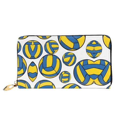 KDUBNJDS Ledergeldbörse Kreditkartenetui für Damen und Mädchen mit 12 Kartenfächern, 3 Fächern für Bargeld und integrierten Münzfächern mit Reißverschluss (Zebramuster), Volleyball in Gelb und Blau, von KDUBNJDS