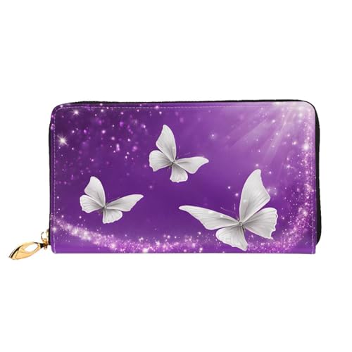 KDUBNJDS Ledergeldbörse Kreditkartenetui für Damen und Mädchen mit 12 Kartenfächern, 3 Fächern für Bargeld und integrierten Münzfächern mit Reißverschluss (roter Karabinerdruck), Lila Schmetterlinge, von KDUBNJDS