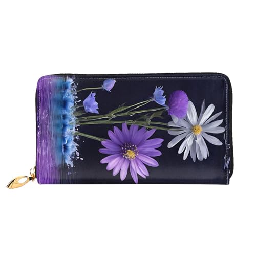 KDUBNJDS Ledergeldbörse Kreditkartenetui für Damen und Mädchen mit 12 Kartenfächern, 3 Fächern für Bargeld und integrierten Münzfächern mit Reißverschluss (roter Karabinerdruck), Violette Blume, von KDUBNJDS
