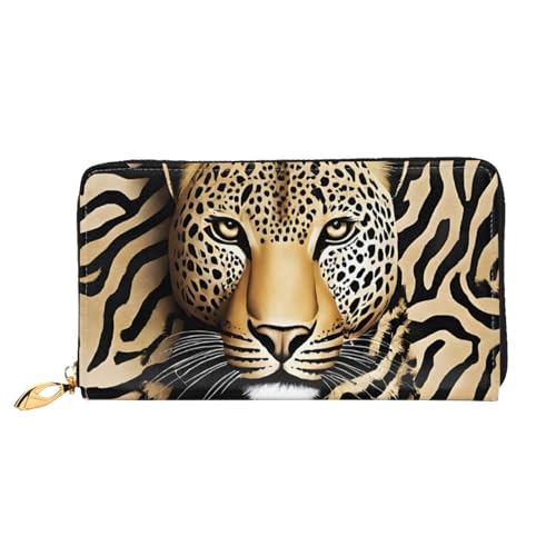 KDUBNJDS Ledergeldbörse mit Kreditkartenfächern für Damen und Mädchen mit 12 Kartenfächern, 3 Fächern für Bargeld und integrierten Münzfächern mit Reißverschluss (moderne Kunstkatze), Leopardenmuster, von KDUBNJDS