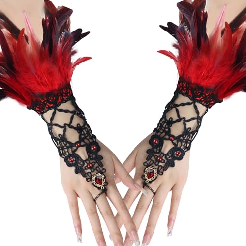 Spitzenhandschuhe Federn Rot Damen Vintage Feder Manschette Spitze Fingerlose Handschuhe Armkette Damen Feder Spitze Lange Handschuhe Gothic Feder Armbänder Fasching Feder Armband Spitze Handschuhe von KEAGAN