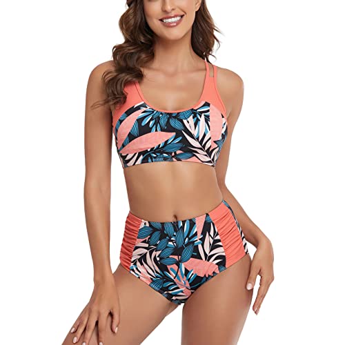 Damen-Bikini-Set, 2-teilig, Bademode, Racerback, Blumenmuster, sportlich, U-Ausschnitt, hohe Taille, Orange, X-Large von KEAIDO