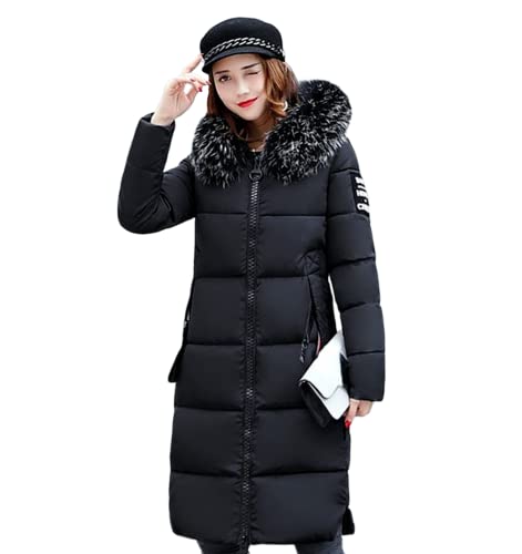 Damen Daunenjacke Parka Gepolsterter Mantel Winter Lange Puffer Bubble Kunstpelz Kapuze Kragen Dicken Warm Midi Kalt Outwear, schwarz, Large von KEAIDO