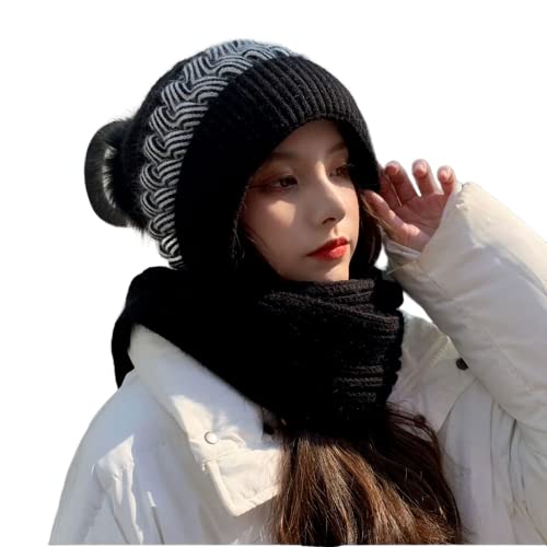 Damen Winter Beanie Strickmütze Schal 2 in 1 Warm Set, Kawaii Skull Cap Faux Fur Pom Pom Pom Earflap Fleece Cold Weather Ski, schwarz, Einheitsgröße von KEAIDO