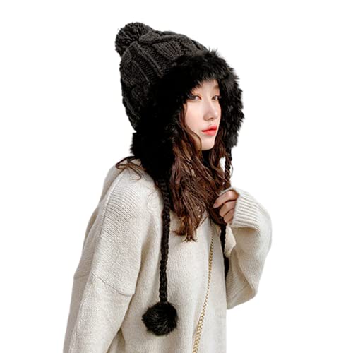 Damen Wintermütze mit Ohrenklappe, Kawaii-Totenkopf-Mütze, Kunstfell, Bommel, Fleece, gehäkelt, kaltes Wetter, Ski, Outdoor, Dunkelgrau, Einheitsgröße von KEAIDO