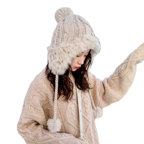 Damen Wintermütze mit Ohrenklappe, Kawaii-Totenkopf-Mütze, Kunstfell, Bommel, Fleece, gehäkelt, kaltes Wetter, Ski, Outdoor, beige, Einheitsgröße von KEAIDO