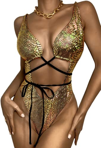 KEAIDO Einteiliger Damen-Badeanzug, Badeanzug, Pailletten, Glitzer, sexy Schlangenmuster, Aussparung vorne, sexy Monokini, Tanga, gold, Medium von KEAIDO