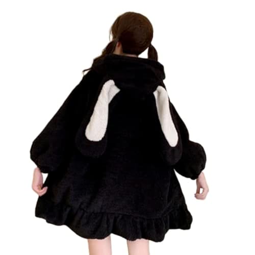 Kawaii Hoodie Bunny Ohren Niedlich Frauen Kaninchen Langarm Fuzzy Flauschig Sweatshirt Japanische Cosplay Jacke Pullover Herbst Winter, schwarz, Large von KEAIDO
