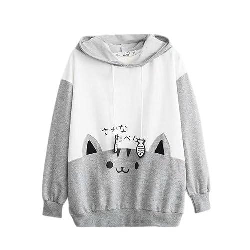 Kawaii Hoodie Cat Meow Frauen Niedlich Langarm Top Japanisches Sweatshirt Pullover Mädchen Kitty Sweater Anime Pullover Herbst Winter, grau, Large von KEAIDO