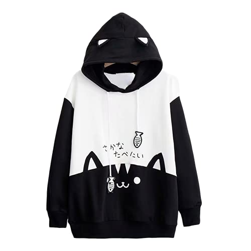 Kawaii Hoodie Cat Meow Frauen Niedlich Langarm Top Japanisches Sweatshirt Pullover Mädchen Kitty Sweater Anime Pullover Herbst Winter, schwarz, Medium von KEAIDO