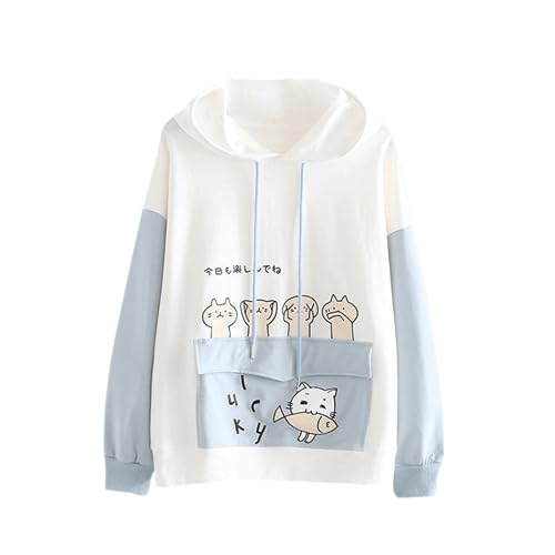 Kawaii Hoodie Cute Cat Kitty Meow Frauen Langarm Top Japanisches Sweatshirt Pullover Mädchen Pullover Anime Pullover Herbst Winter, blau, Large von KEAIDO