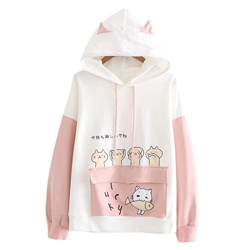 Kawaii Hoodie Cute Cat Kitty Meow Frauen Langarm Top Japanisches Sweatshirt Pullover Mädchen Pullover Anime Pullover Herbst Winter, rose, Medium von KEAIDO