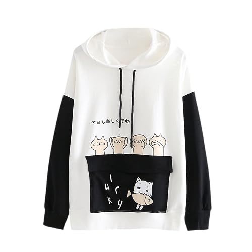 Kawaii Hoodie Cute Cat Kitty Meow Frauen Langarm Top Japanisches Sweatshirt Pullover Mädchen Pullover Anime Pullover Herbst Winter, schwarz, Medium von KEAIDO