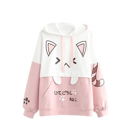 KEAIDO Damen Kawaii Katze Hoodie Ästhetik Anime Niedlich Japanische Kitty Meow Kapuzenpullover Mädchen Langarm Top, rose, Einheitsgröße von KEAIDO